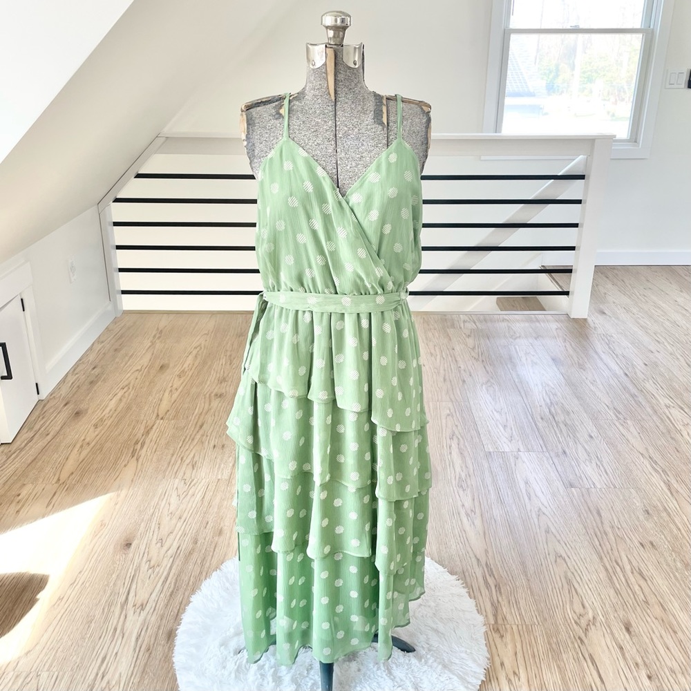XS L LC Lauren Conrad, white and mint green polkadot, midi high low dress